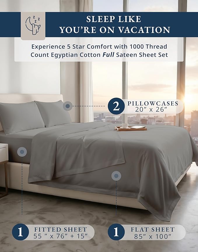 LANE LINEN 100% Egyptian Cotton Full Size Bed Sheets Set - 1000 Thread Count, Soft & Comfy No Pill Fade Resistant Natural Cooling Mercerized Cotton Sheets Full Size Bed 15" Deep Pocket - Charcoal