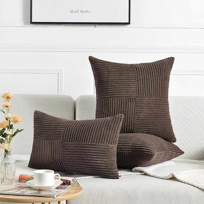 Fancy Homi Dark Brown Decorative Throw Pillow Covers 16x16 Inch for Living Room Couch Bed Sofa, Rustic Farmhouse Boho Home Decor, Soft Corss Patchwork Corduroy Textured Cushion Case 40x40 cm