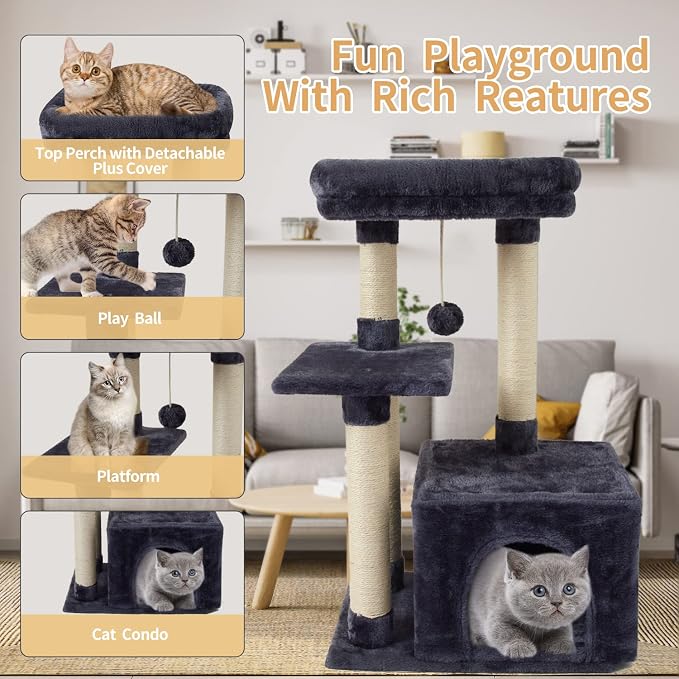 Cute Cat Tree Kitten Cat Tower Condo Cat Furniture Sisal Scratching Posts D | FISH&NAP For Indoor Jump Platform Activity Center Play House Dark Gray