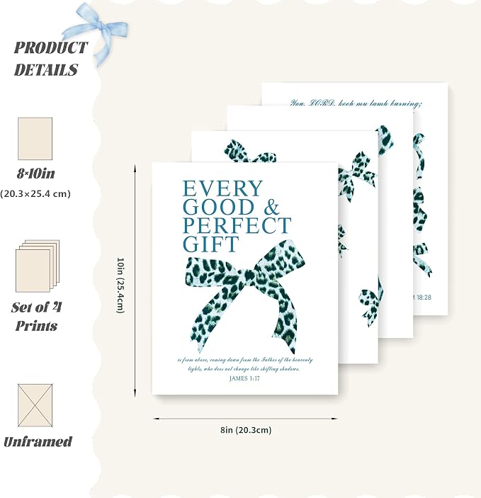 LARTSFRO Coquette Blue Leopard Bow Wall Art Decor Posters, Y2K Cheetah Leopard Bow Room Bedroom Bathroom Dorm Wall Art Decor Aesthetic for College Teen Girls Gifts, Inspirational Bible Verses Bow Wall Decor, 10x8 Inch Set of 4 Pcs Bow Pictures (UNFRAMED)