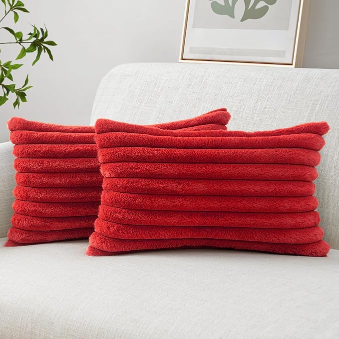 MIULEE Faux Fur Decorative Throw Pillow Covers 12x20 Set of 2 Red | Modern Soft Plush Couch Pillows, Cozy Fluffy Cushion Covers for Sofa Bed Living Room Home Decor