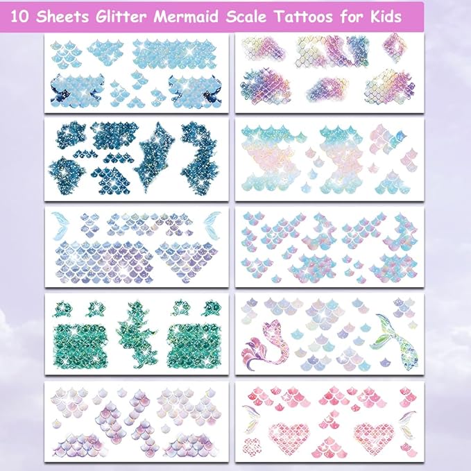 90 Pcs Glitter Mermaid Scale Tattoos for Girls Kids, 10 Sheets Mermaid Scale Temporary Tattoos for Girls Women Birthday Party Supplies Gifts Decorations
