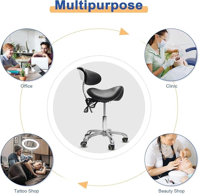 Saddle Stool with Wheels,3-Way Function Rolling Stool with Back Support,Ergonomic Stool Saddle Stool for Hair Stylist for Dentist Salon Tattoo(Black)