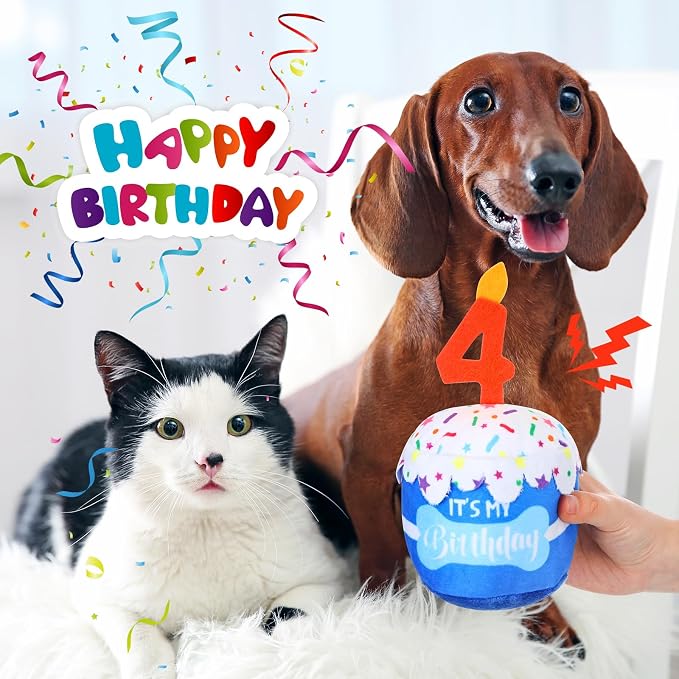 Dansydaisy Dog Birthday Cake Toy Squeaky Plush Gift,4th,Blue