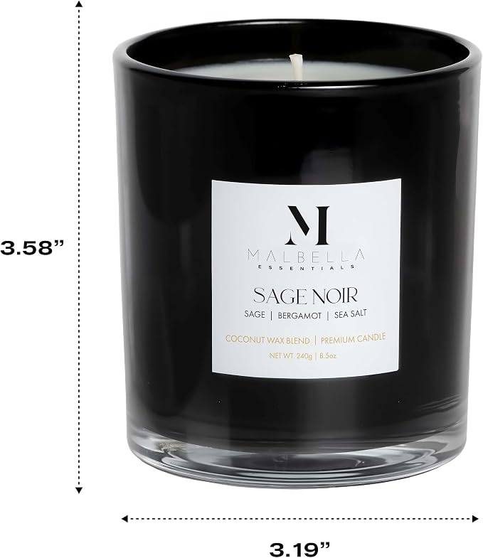 Sage Noire Luxury Scented Candle for Women & Men | 8.5 oz Hand-Poured Coconut Wax Blend | Modern Self-Care Aromatherapy Candle | 50 Hr Burn | Gift-Ready Glossy Glass Vessel