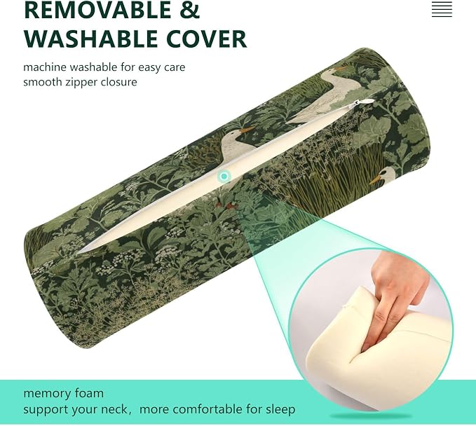 Duck Grass Neck Roll Pillow Bolster Round Health Memory Foam Long Cervical Cylinder Pillows with Removable Washable Cover for Body Bed Legs Back Yoga