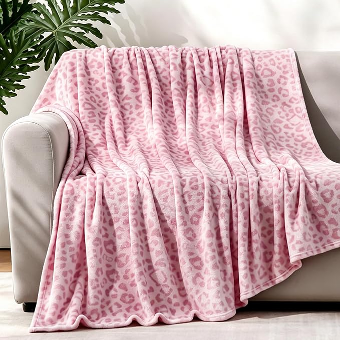 PU MEI Pink Leopard & Cheetah Print Fuzzy Flannel Blanket, Double Sided Ultra Cozy Super Soft Lightweight Animal Throw Blanket for Sofa, Couch, Bed, 50" x 60" inches