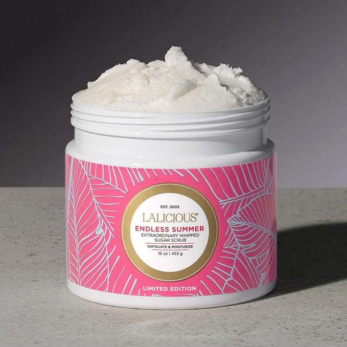 LALICIOUS Endless Summer Exfoliating & Moisturizing Body Scrub | Sugar & Coconut Oil | Pre-Shave Scrub for Ingrown Hairs & Razor Bumps | Gently Buffs & Smooths Sensitive Skin | No Parabens Large 16oz