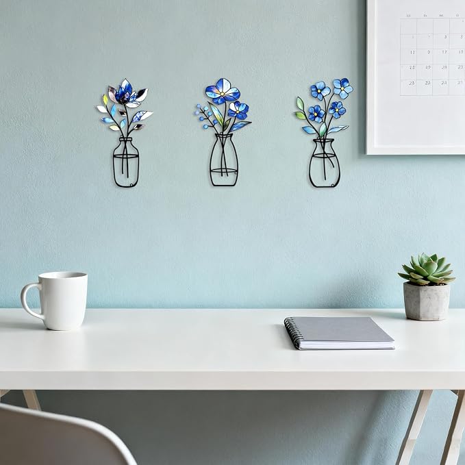 3 Pcs Metal Vase Wall Arts,Iron Art Painting,Rustic Farmhouse Decor Minimalist Flower Wall Decor for Bedroom Bathroom Living Room Dining Room(Blue, Vase-D)