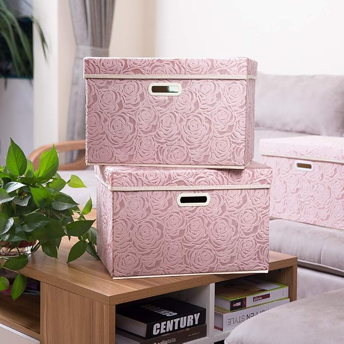 Large Foldable Storage Boxes with Lids [5-Pack] Fabric Decorative Storage Bin Cubes Organizer Containers Baskets with Cover Handles for Bedroom Closet Nursery Pink 17.7x11.8x11.8 Inch
