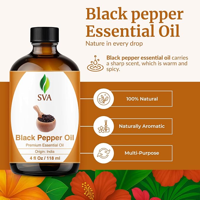 SVA Black Pepper Essential Oil 4 Fl Oz – for Diffuser, Skin & Hair Care – Ideal for Massage & DIY Blends - with Dropper
