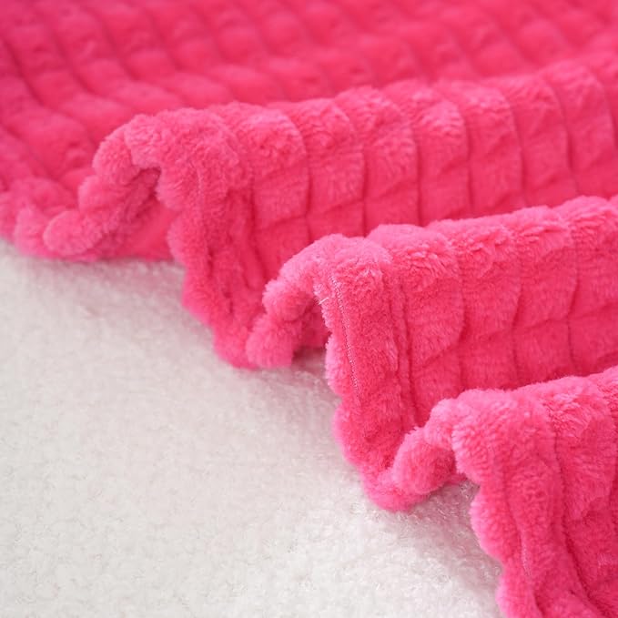 Puncuntex Fleece Throw Blanket Hot Pink 90"×90" with Square Grid Design | Super Soft Plush Cozy Flannel Throw Blanket Luxury for Couch Sofa Chair