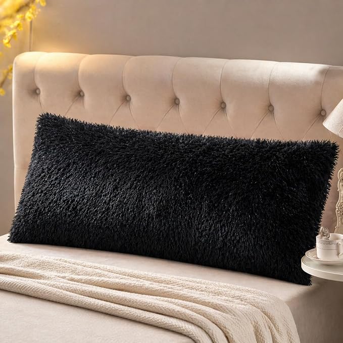REAFORT Long Hair Faux Fur Body Pillow Cover 21"x54", Hidden Zipper (Black) | Ultra-soft long hair faux fur with a hidden zipper offers luxurious comfort and is machine washable for easy care.