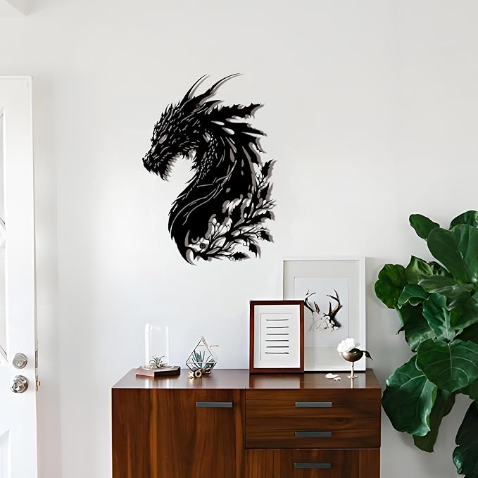 Black Metal Dragon Wall Art, 3D Medieval Decor for Men Cave, Fantasy Gift | 3D black dragon wall sculpture, perfect medieval fantasy decor for man caves, game rooms, or unique gifts