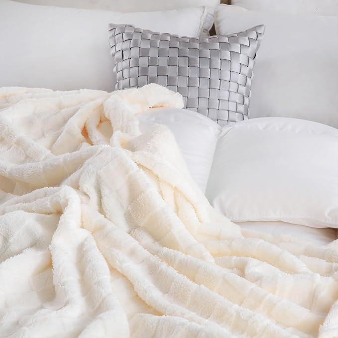 Cream White Fleece Throw Blanket 90”×90”Checkered Design for Couch | Super Soft Cozy Plush Microfiber 3D Square Pattern Flannel Blanket for Sofa Bed Lightweight for Adults,Women