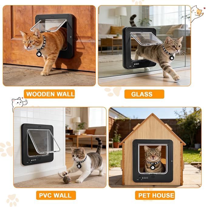 Smart Cat Door with 4 Collar Sensor Key, RFID Electronic Cat Door Collar Activated with Remote Control, 4 Way Locking Cat Flap Automatic Pet Door Interior & Exterior