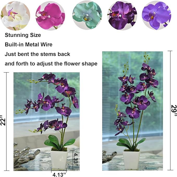 22" Dark Purple Faux Orchid in Ceramic Vase for Table Décor | Real Look Potted Phalaenopsis, Ideal Centerpiece for Home, Office, or Indoor Display, Lifelike Silk Flowers, No Maintenance