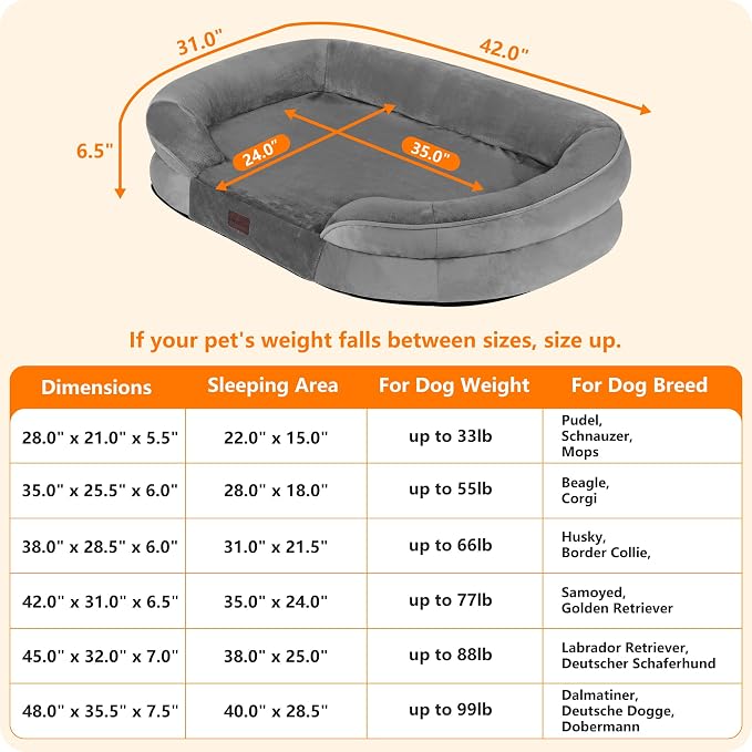 Dwanton Orthopedic Waterproof Large Dog Bed Sofa, Gel Memory Foam, 42" | Egg-Crate Foam Dog Sofa, Washable Pet Bed with Four Sided Bolster Cushion, Removable Cover & Non-Slip Bottom, Medium Grey