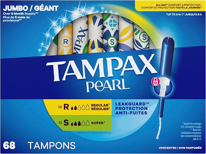 Tampax Pearl Tampons Multipack, with LeakGuard Braid, Regular/Super Absorbency, Up to 100% Leak and Odor Free Protection, Unscented, 68 Count