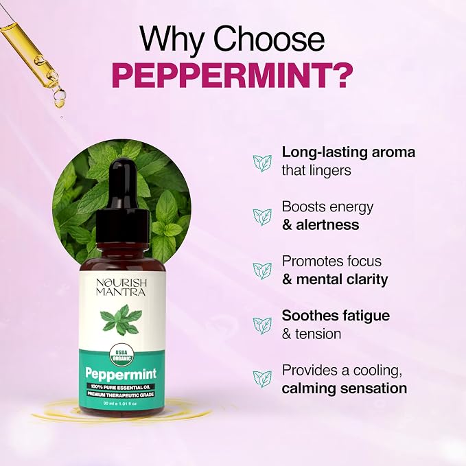 Nourish Mantra Organic Peppermint Essential Oil for Massage, Aromatherapy & Skin | 100% Pure, USDA Certified Organic Peppermint Essential Oil | Perfect for Diffuser, Home & Car