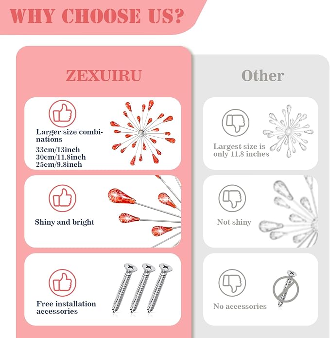 ZEXUIRU 4 Set Silver Starburst Wall Art for Home Decor Metal Bling Crystal Rhinestones Sunburst Wall Decor Sparkling Rhinestone Art Accent -Red 13in/11.8in/9.8in/9.8in