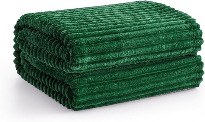 Vessia Flannel Fleece Throw Blanket for Couch, Sofa, Bed, 300GSM 50x70inch Striped Dark Green Blanket for Adults and Kids, Super Soft Warm Cozy Lightweight Ribbed Throw for All-Season