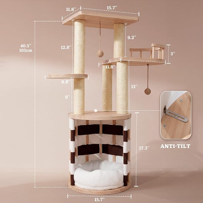 DWVO 40 Inch Pine Wood Cat Tree | Multi‑Level Cat Tower with Cat House, Observation Perches, Plush Bed, Sisal Scratching Posts & Interactive Balls