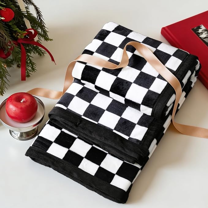 PU MEI Checkered Flannel Throw Blanket, Classic Black and White Checkerboard Decorative Blanket, Lightweight Warm Ideal for Couch and Bed, 80x90 Inches