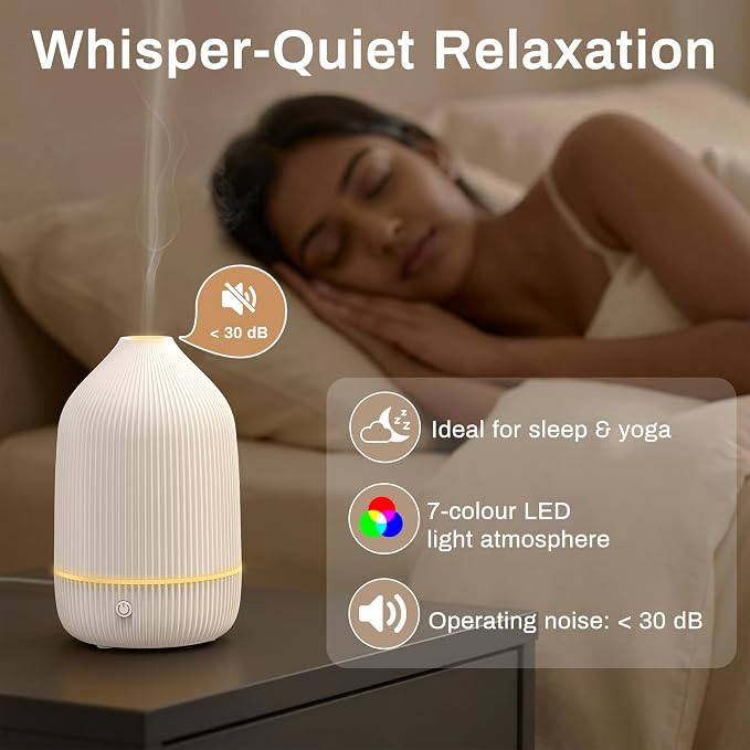 Essential Oil Diffuser, 100ml Aromatherapy Diffuser, White | Ultrasonic Cool Mist Humidifier, 7 Color LED Lights, Auto Shut-Off, Diffuser for Home, Bedroom, Office, Yoga