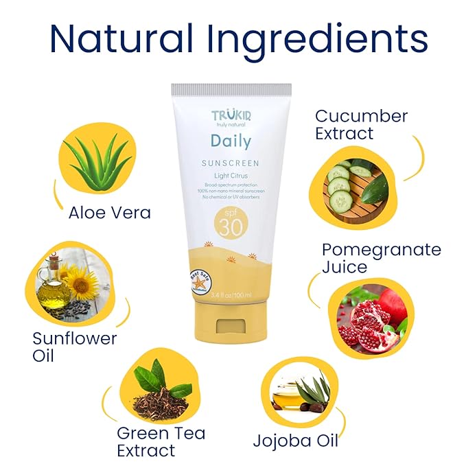 TruKid Daily Mineral Sunscreen SPF 30 - All Natural Kids & Baby Sunscreen for Face & Body, Non-Toxic Zinc Oxide Sunblock Protection for Sensitive Skin, Light Citrus, FSA Eligible, Travel Size 3.4oz