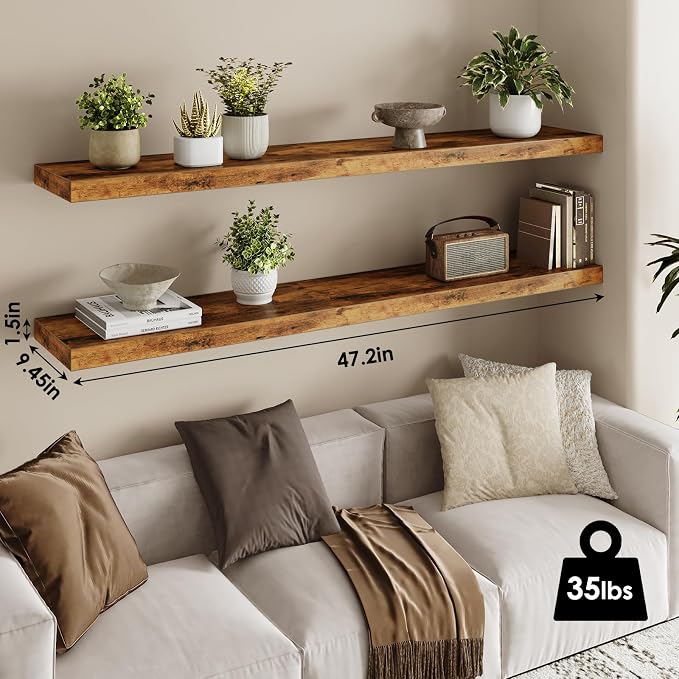 Fixwal Floating Wall Shelves for Decor (Rustic Brown, Set of 2, 47.2Inch) | MDF Shelf with Metal Brackets, Space Saving for Books , Decor, Fits Bathroom, Kitchen, Bedroom, or Office