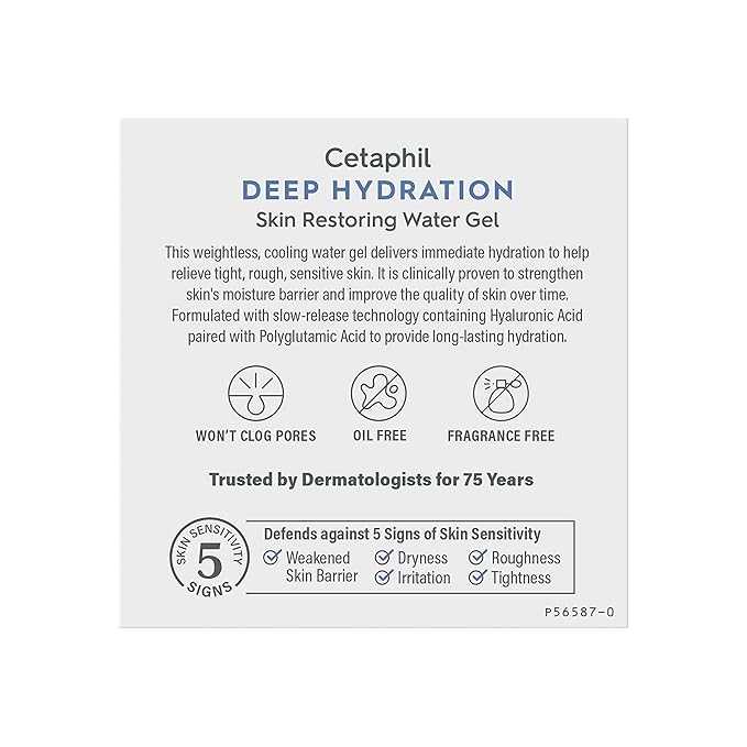 Cetaphil Deep Hydration Skin Restoring Water Gel with Hyaluronic and Polyglutamic Acid, Face Moisturizer, 72 Hour Hydration, For Dry, Dehydrated Sensitive Skin, Fragrance Free, 1.7 oz (Pack of 2)