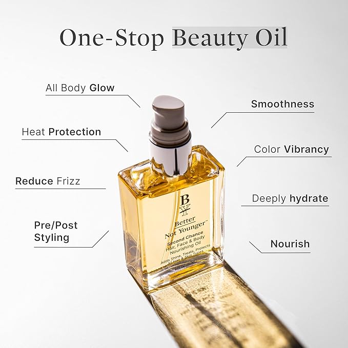 Better Not Younger Nourishing Oil for Face, Body & Hair – Lightweight, Fast-Absorbing Hydrating Oil for Women Over 40 – With Abyssinian to Restore Moisture, Smoothness & Protection for Skin and Hair.