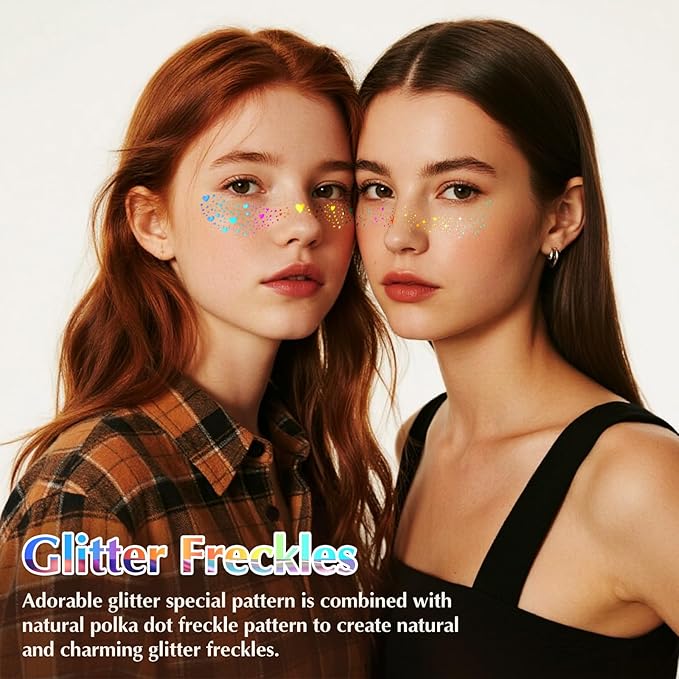 Glitter Freckles Face Tattoo, Holographic Color-Changing Makeup Tattoo Patches, Waterproof and Sweatproof Sparkle Speckles Patches for Women, Cute Star Temporary Freckles Makeup Accessories 6Pcs