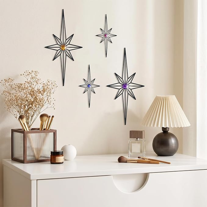 sxnzequnze 4 Pcs Star Wall Art for Home Decor Living Room Bedroom Office Metal 3D,Bling,with Hanging Hook Starburst Midcentury Sculpture Retro Gallery Accent Celestial -Black 16.5in/9.4in