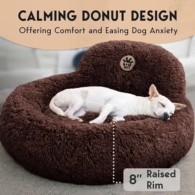 PetJett Calming Dog Bed Medium Size Dog - 30'' Donut Bed, Anti-Slip & Washable Super Soft Fluffy Plush Round Bed, Anti-Anxiety Premium Comfort Pet Bed, Fits Dogs up to 45 lbs - Brown