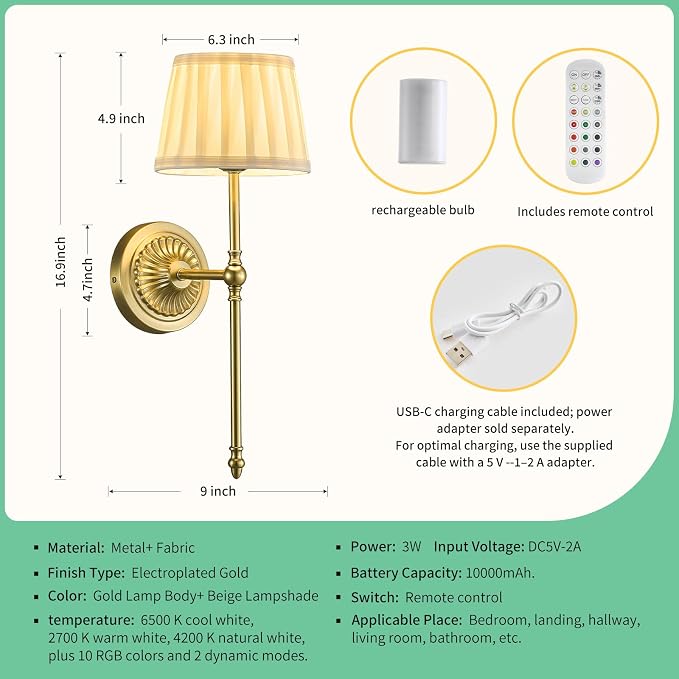 Cordless Wall Sconces Set of 2,10000mAh Small Wireless Battery Operated Wall Sconces Set of Two with RGB LED, Remote, Timer & Dimmable Fabric Gold Wall Lamps for Bedroom, Living Room, Hallway (Gold)