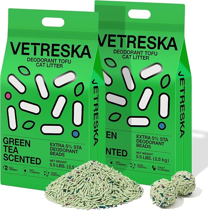 VETRESKA Tofu Cat Litter, Odor Control, Greentea 5.5lb×2bags | Natural Kitty Litter Strong Clumping Flushable Cat Litter Pellet Ultra Absorbent,Dust-Free,Low Tracking Deodorant Tofu Litter