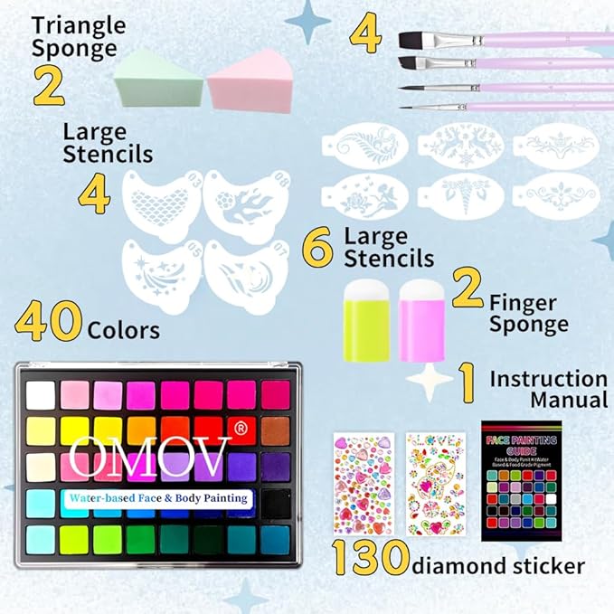 Face Painting Kit for Kids, 40 Colors Non-Toxic Water Activated Face Paint Palette, Facepaint Makeup Kit with Stencils, Brushes, Gems,for Halloween,Christmas, Birthday Parties, Carnival, School Event