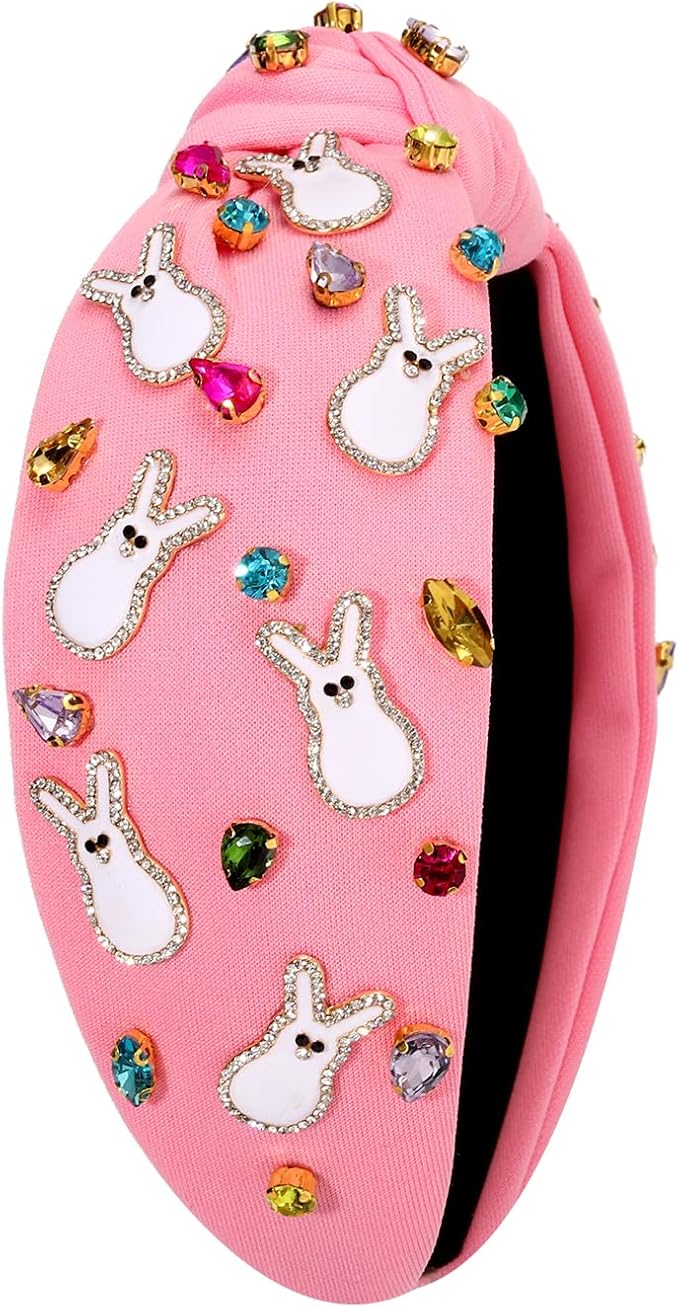 mokkia Easter Headbands Beaded Rabbit Bunny Headband for Women Pink Spring Knotted Headband Easter Hair Accessories Gifts