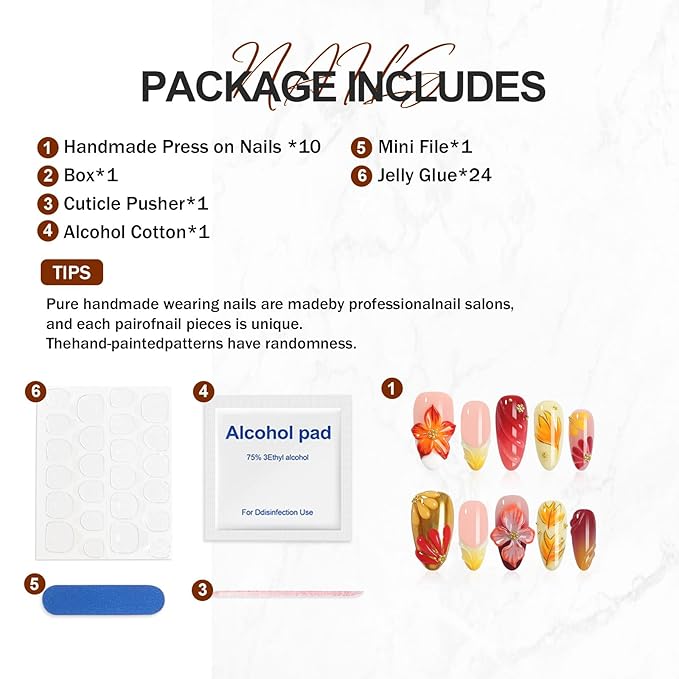 Handmade Press On Nails Almond - 3D Maple Leaf Flowers Design, French Tips Fake Nails Short, Salon-Quality Reusable, Fall/Winter Gift for Women, 10pcs Nails kit