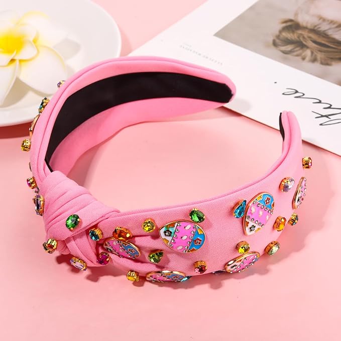 mokkia Easter Headbands Beaded Rabbit Bunny Headband for Women Pink Spring Knotted Headband Easter Hair Accessories Gifts