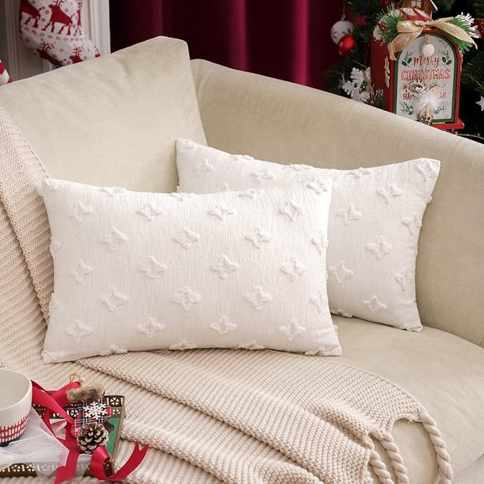 Pack of 2 Flower Tufted Throw Pillows Embroidered Flowers 3 Size and Color Options Come with Inserts (White, 12"x20" with Insert)