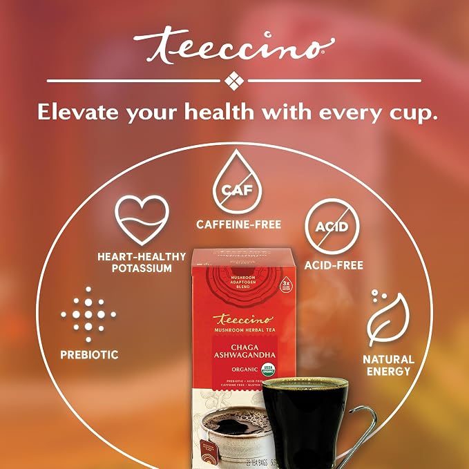 Teeccino Chaga Ashwagandha Tea - Butterscotch Cream - Organic Mushroom Adaptogenic Herbal Tea, 3x More Herbs than Regular Tea Bags, Prebiotic, Caffeine Free, Gluten Free - 25 TeaBags