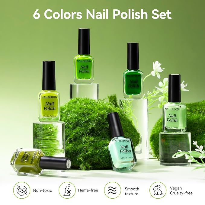 Green Nail Polish, Spring Summer Olive Teal Natural Green Shade Nail Polishes for Fingers & Toenails, Quick Dry, Non Gel, Rich in Castor Oil, Nail Art DIY at Home St. Patrick's Day Gift