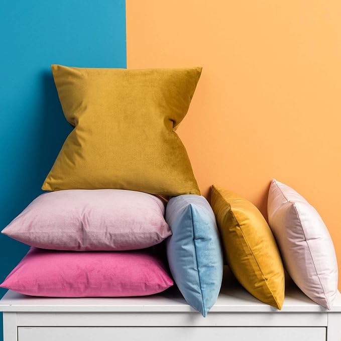 Throw Pillow Covers Set of 2 Velvet Cushion Covers 14x14,Mustard Yellow | Decorative Pillow Covers with Invisible Zipper for Couch Sofa Bed Living Room Bedroom Home Decor