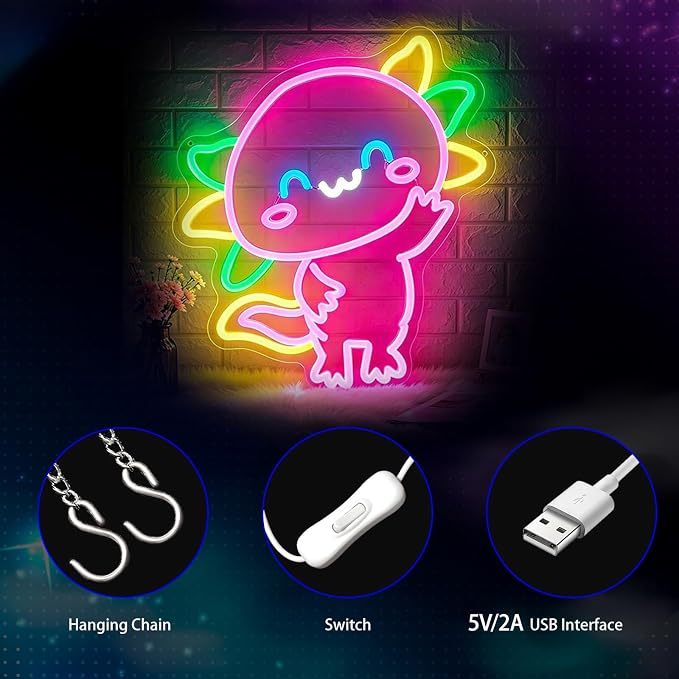 Neon Sign, Axolotl Neon Signs for Wall Decor LED Signs Neon Light | Axolotl Neon Sign for Bedroom, Kids Room, Living Room, Game Room, Bar, Party, Home Decor, Gift, Pink Decor, USB Powered