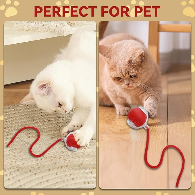 Interactive Electric Automatic Rolling Moving Rechargeable Self Play Stimulation Toy,Smart Pet Chase Ball with Speedy Tail Rope for Bored Indoor Cats Enrichment,stimulating Dogs Toy (Red)