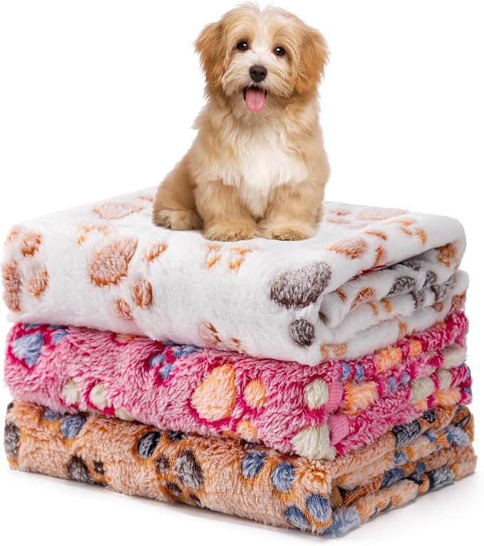 1 Pack 3 Blankets Fluffy Premium Fleece Soft Pet Blanket Flannel Throw for Cat Dog Puppy (Large 41x31'', Paw-White/Pink/Brown)