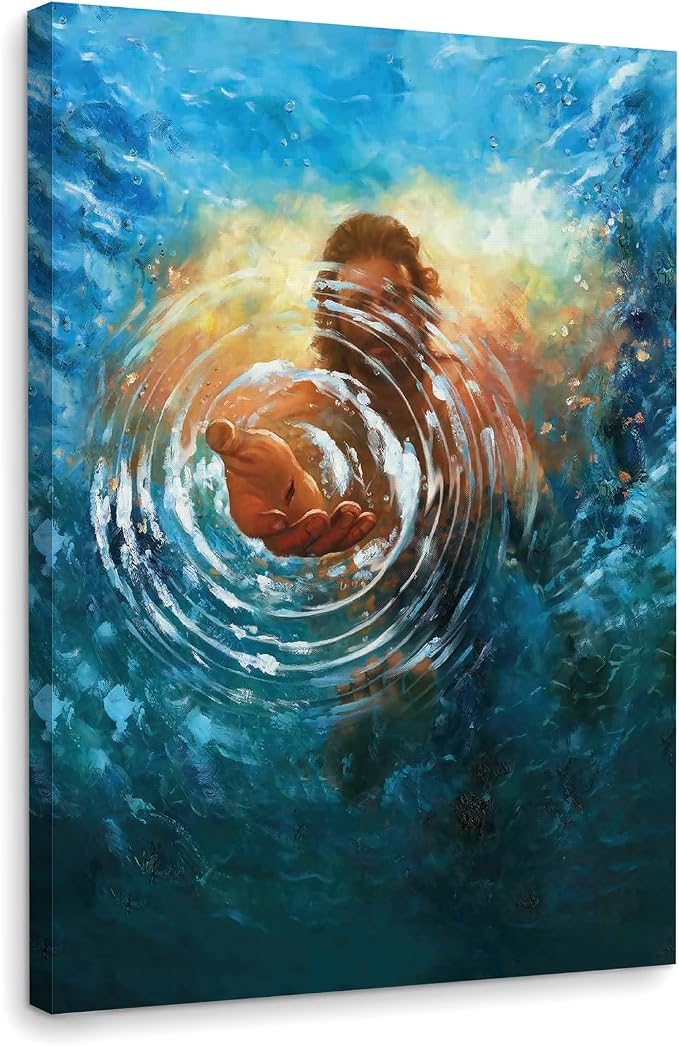 Framed Jesus Christ Canvas Wall Art The Hand of God Jesus Reaching Into Water Christian Painting Prints Biblical Wall Decor Religious Room Decor for Church Prayer Room Schools Hospitals 20"x30"